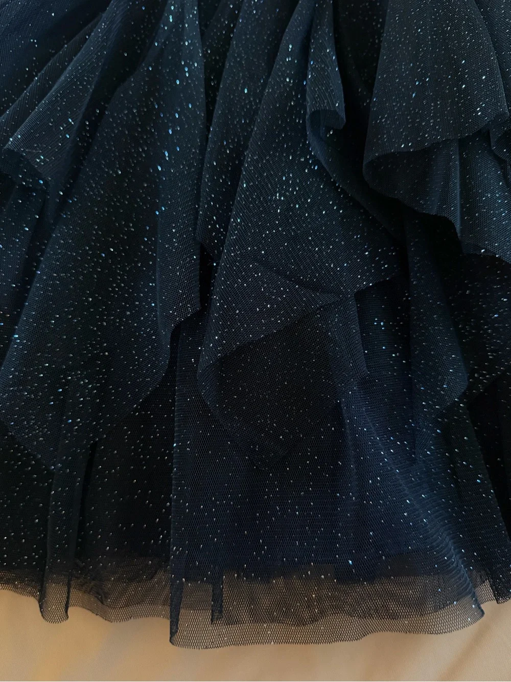 Navy Glitter Tulle Party Dress with Leaf Embroidered Bodice